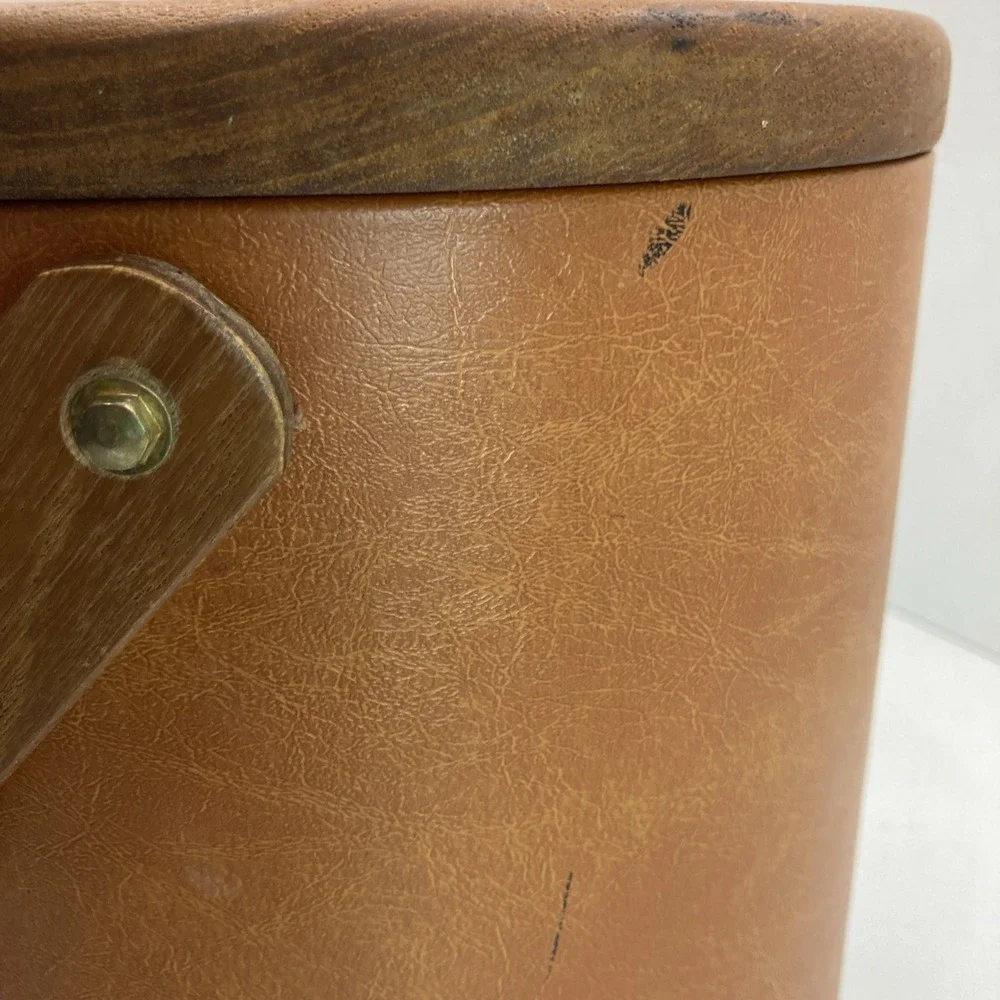 Vintage MCM Bar George Briard Leather Shell Vinyl Ice Bucket‎ Wooden Handle 60's